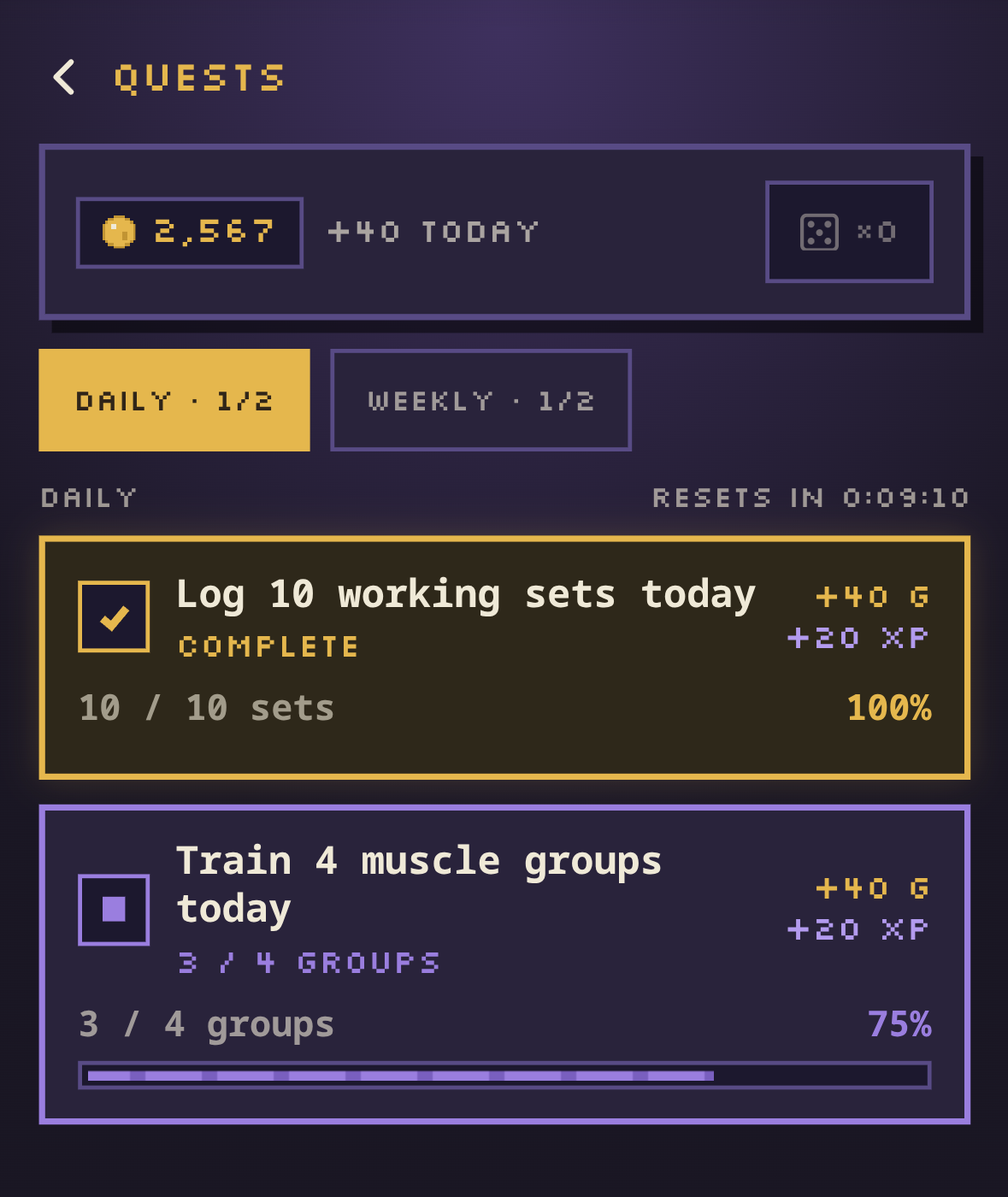 Quests screen