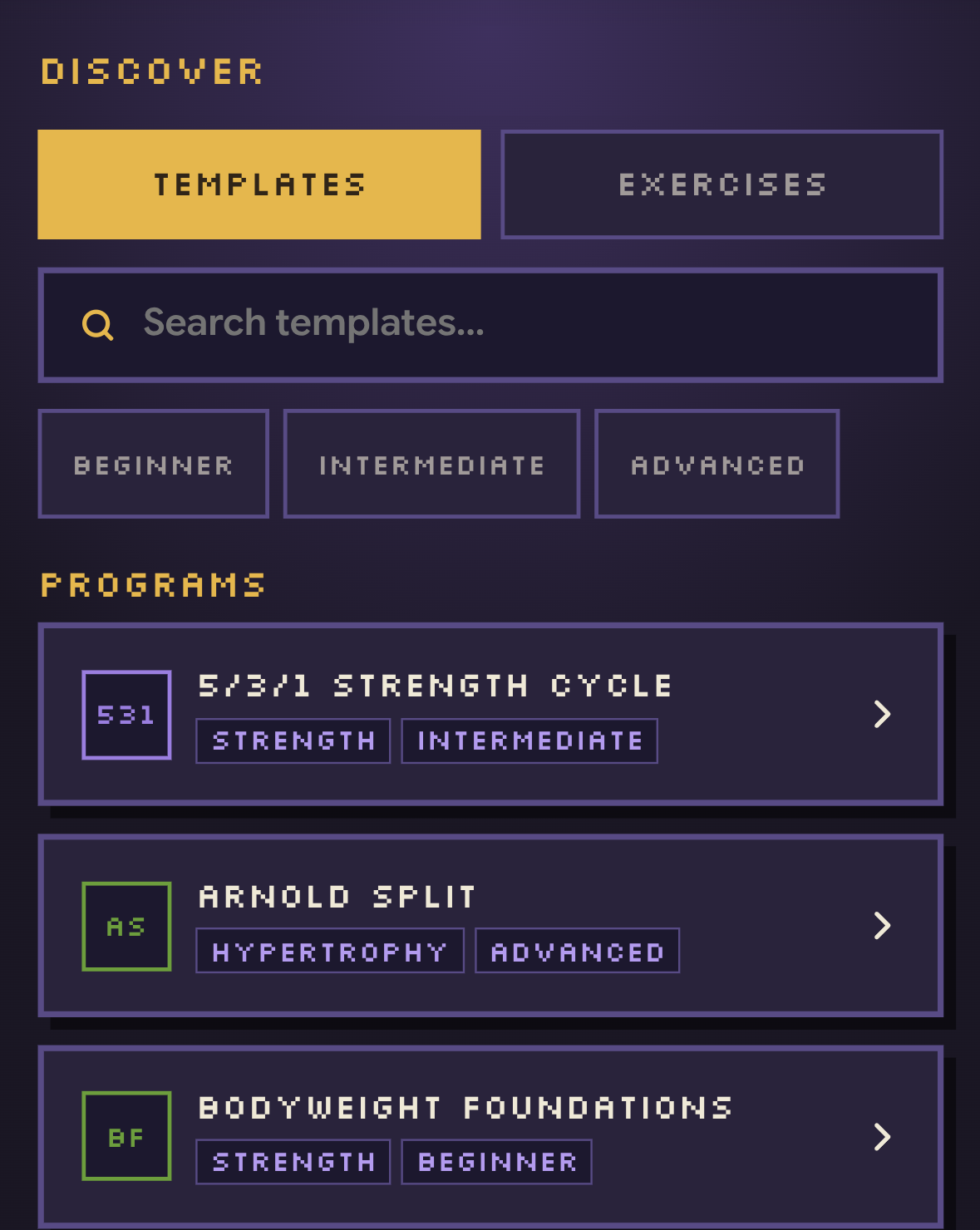 Discover program templates screen