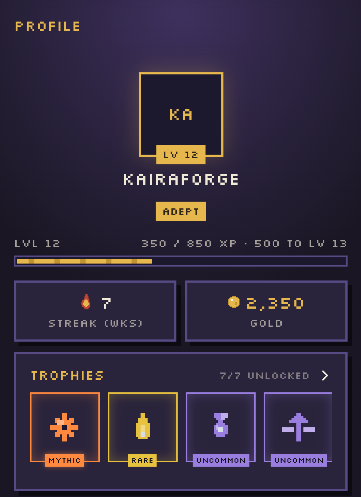 Profile and trophies screen