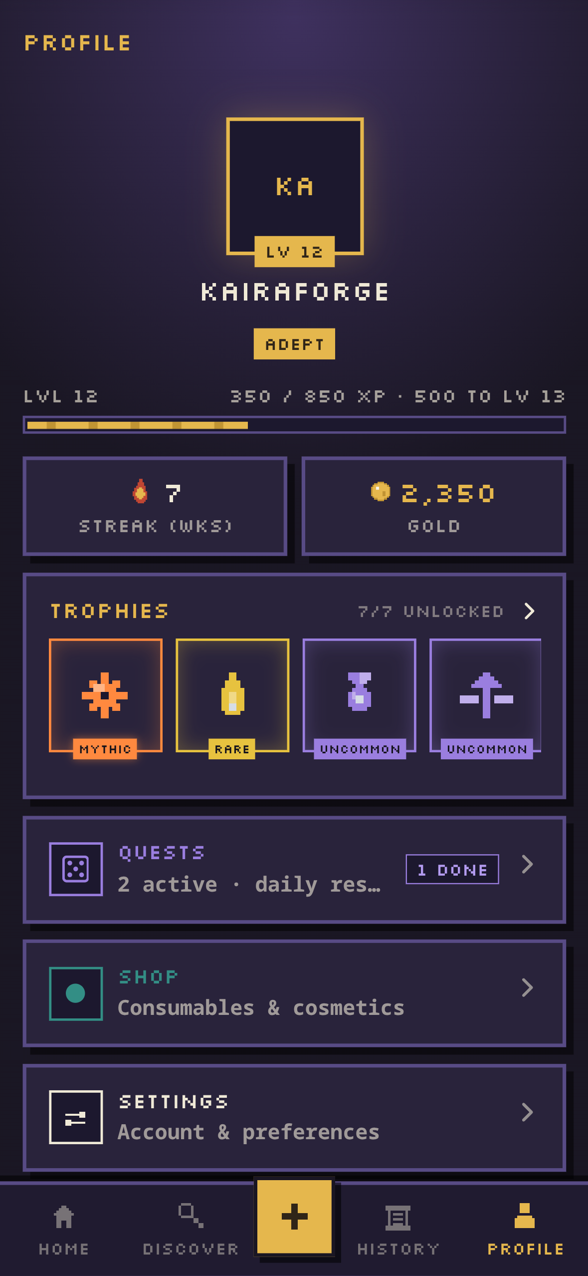 Liftlore profile and trophies screen